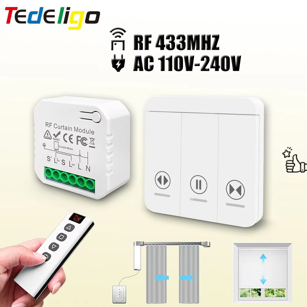 433 MHz RF Curtain Switch Module for AC 220V, 10A Motorized Roller Shutter Control with Wireless Remote