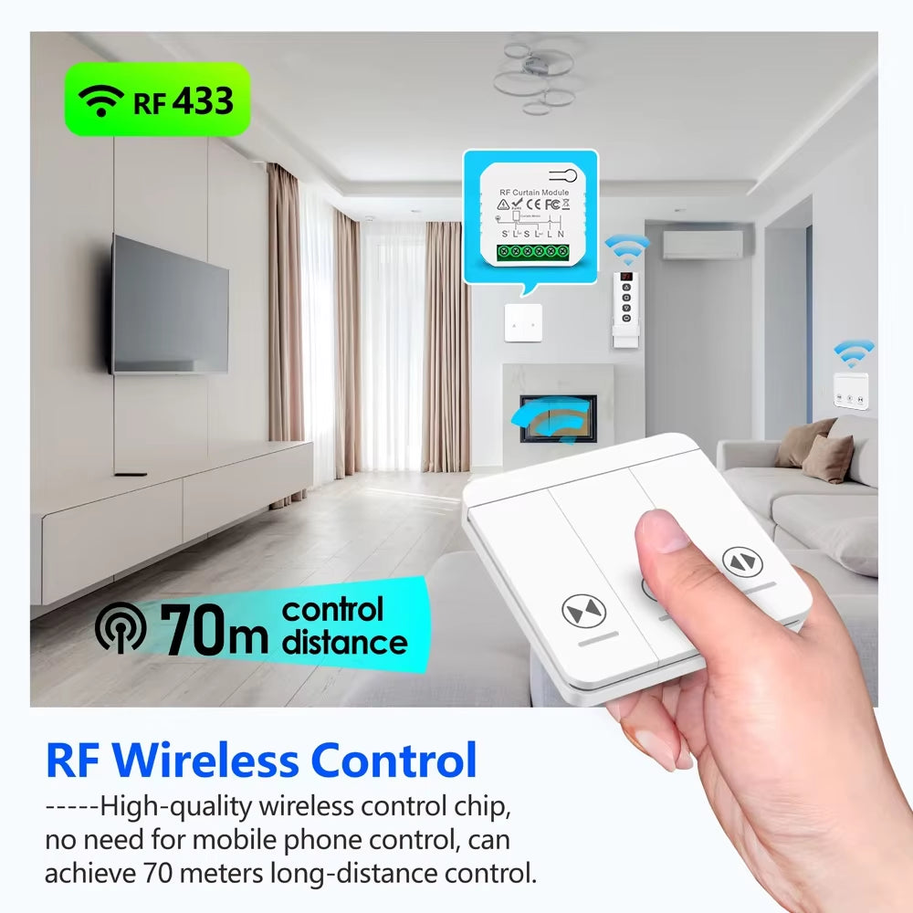 433 MHz RF Curtain Switch Module for AC 220V, 10A Motorized Roller Shutter Control with Wireless Remote